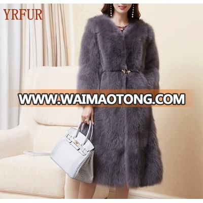 YR1051B V-Neck Women Winter Real Fox Belly Fur Longcoat