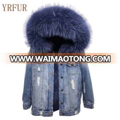 YR1049 Latest Style Lady Winter Warn Jean Parka Detachable Inside Fox fur With big Raccoon Hood Trimming