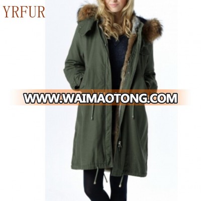 YR786 Rabbit Raccoon fur Parka Genuine wholeskin Rabbit inside Coat