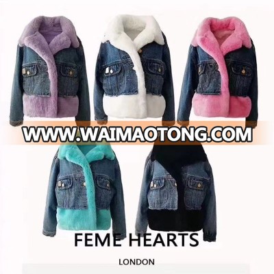 YRC225 Fashion Women Winter Real Rex Rabbit Fur Jean Jacket  with Real Fur Trimming