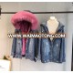 YR1049 Fashion Women Warn Denim Parka Detachable Real Rex fur and big Fox Hood Trimming