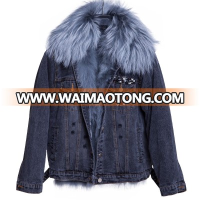 YR1072 Latest Style 3 way Denim Parka with Fox Fur Inside and Raccoon Fur Collar