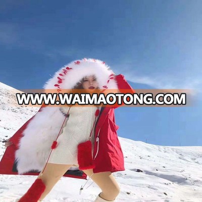 YRC234 Best selling plus size parka coat real white fox fur lining with big raccoon fur collar